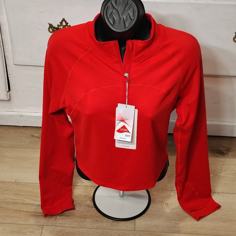 Lycra Queenieke Red Women's LG Long Sleeve Workout Shirt Half Zip Athletic Slim